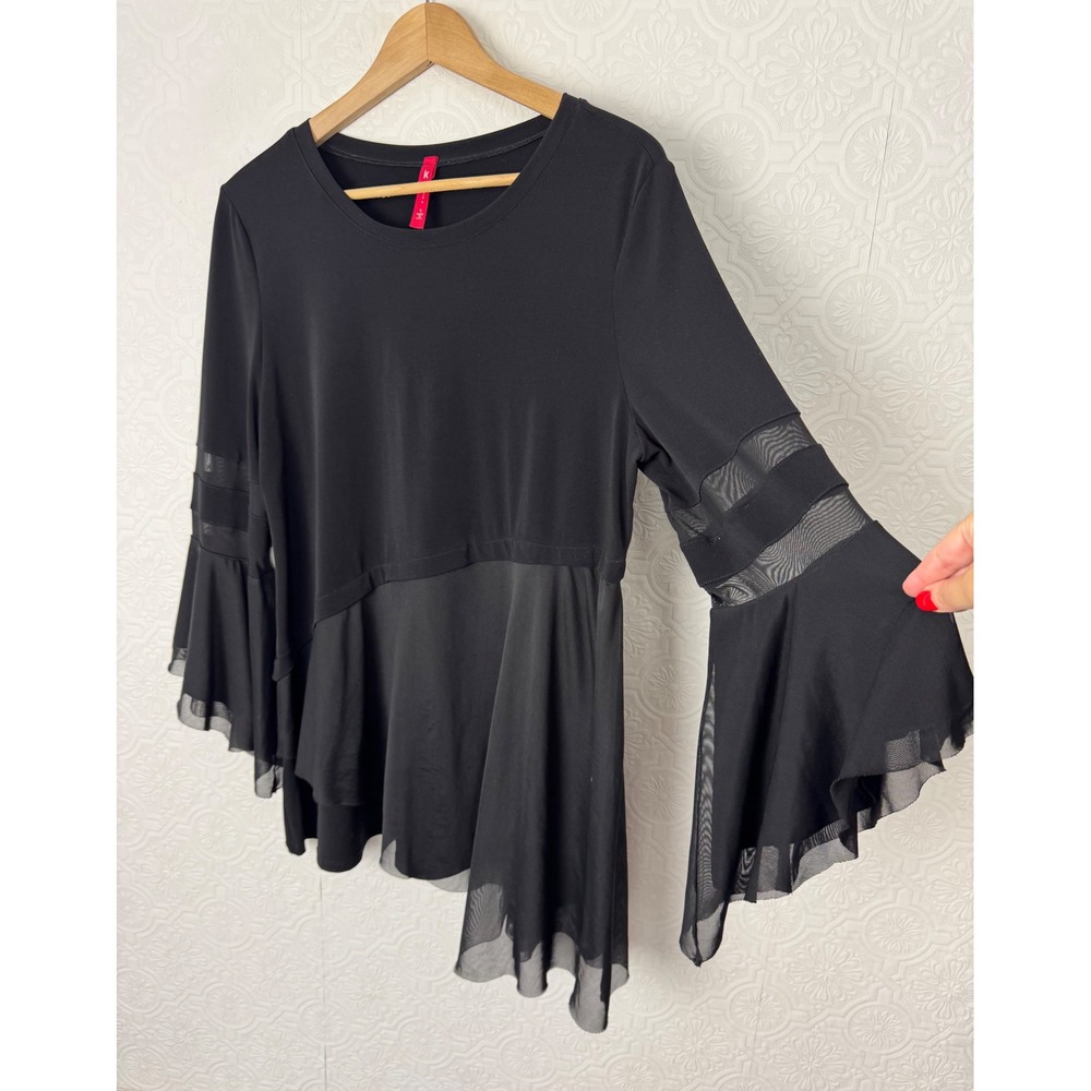 IC Collection Witchy Black Mesh Bell Sleeve Asymmetrical Tunic Top Large 3402T